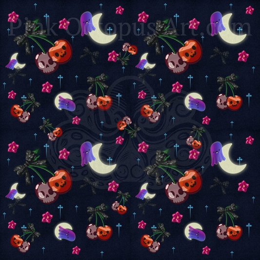 Cute Halloween Cherry Seamless Pattern with Ghosts & Moons – 12x12” 300 DPI Digital Download