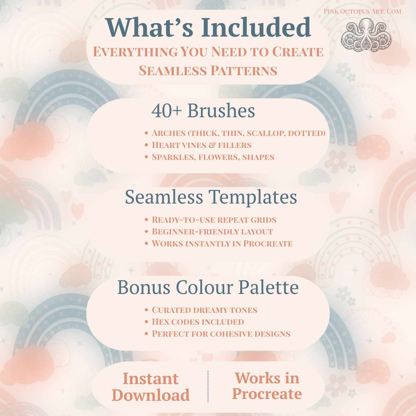 Dreamy Arches & Filler Procreate Brush Set | Seamless Pattern Builder Kit | Pattern Design Toolkit for Etsy, POD & Spoonflower | PinkOctopus.Art
