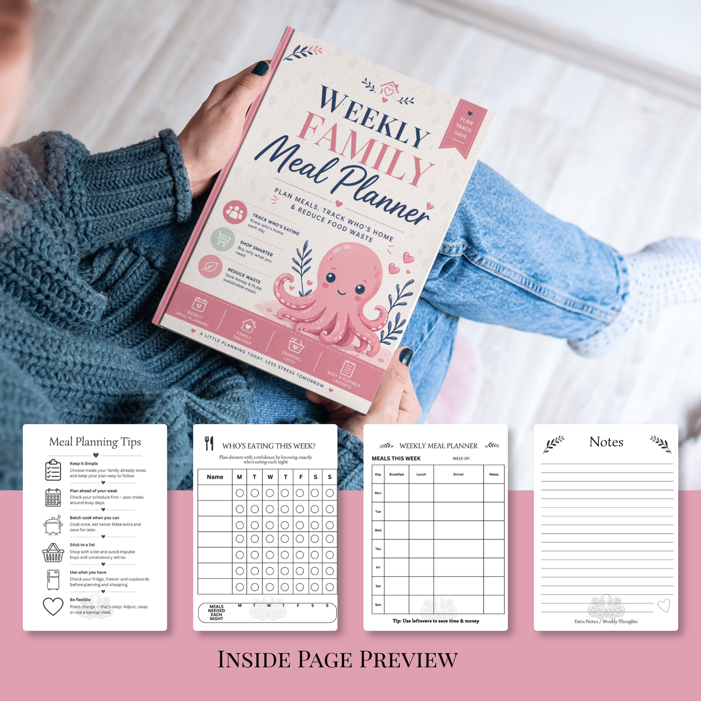 Pink Octopus Weekly Family Meal Planner 12-Week Undated Meal Planning & Budget Organiser