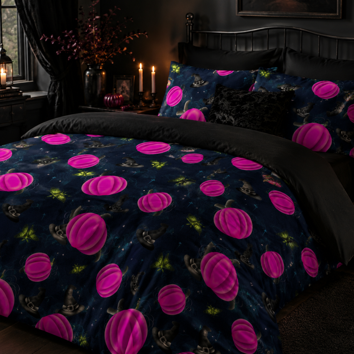 Gothic Halloween bedding mockup featuring pink pumpkins, witch hats and green moths