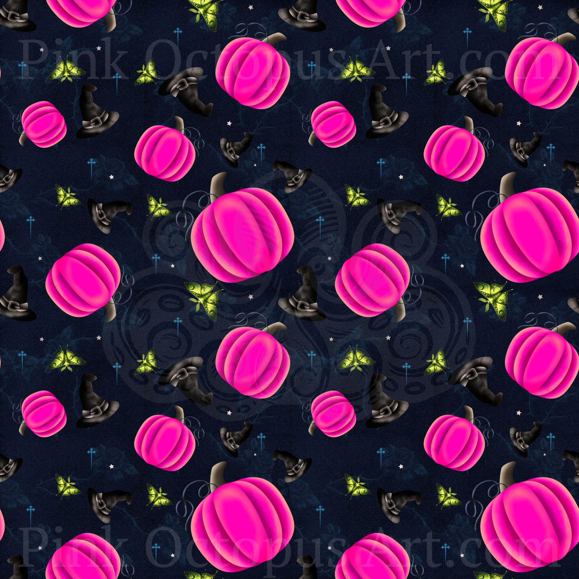 Pink pumpkin and black witch hat Halloween seamless pattern with green moths on midnight navy