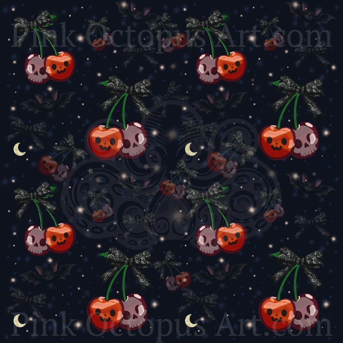 Halloween Cherry Seamless Pattern with Bats & Bows – 12x12” 300 DPI Digital Download