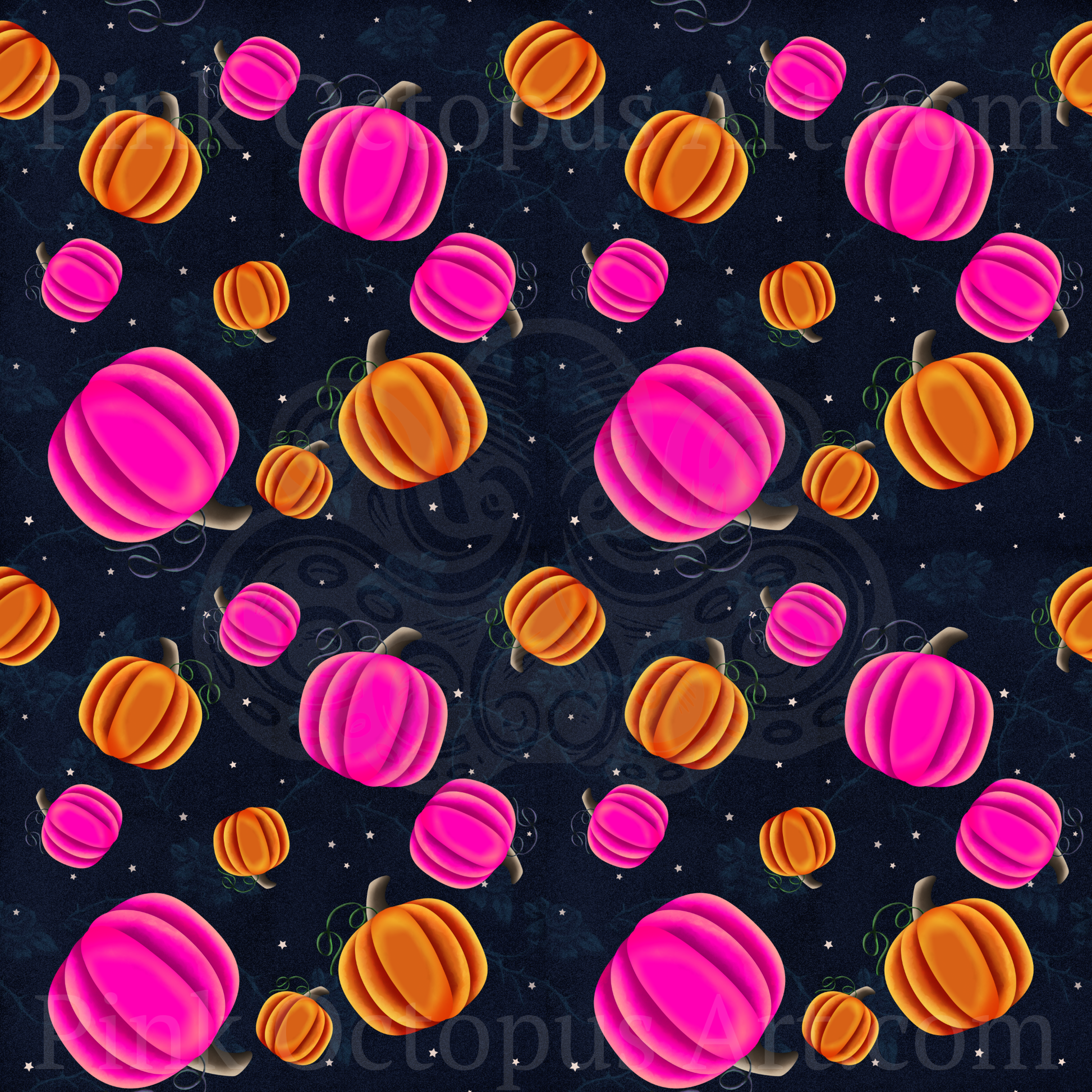 Pink and orange pumpkin Halloween seamless repeating pattern on midnight navy background