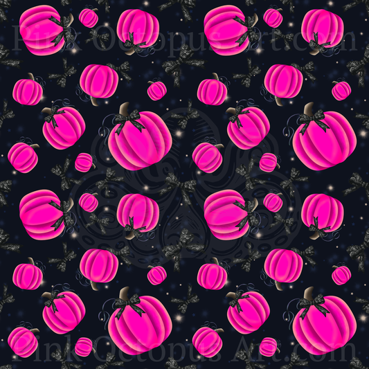 Pink pumpkin and black lace bow Halloween seamless repeating pattern on midnight navy