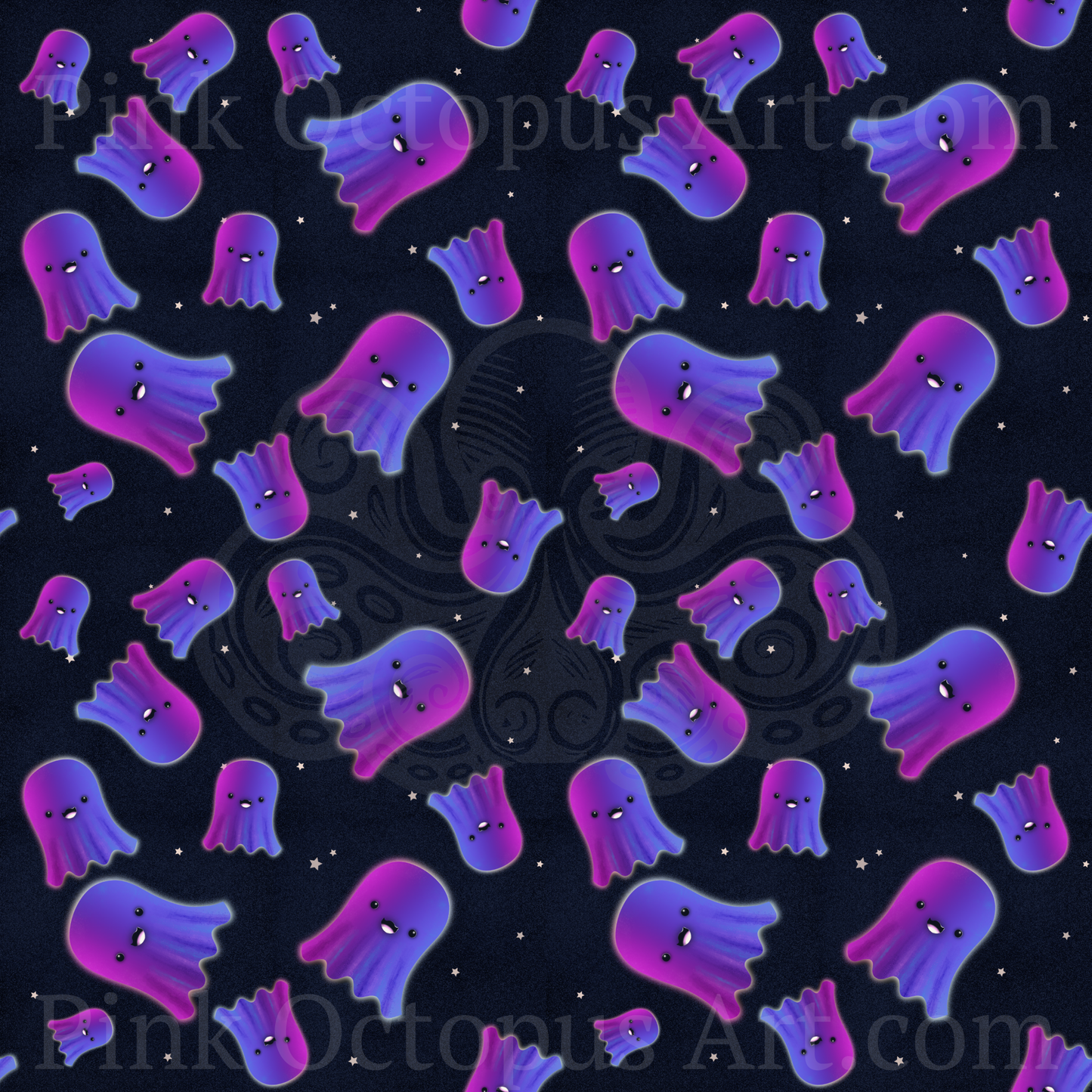 Purple and blue cute ghost Halloween seamless pattern on midnight navy background